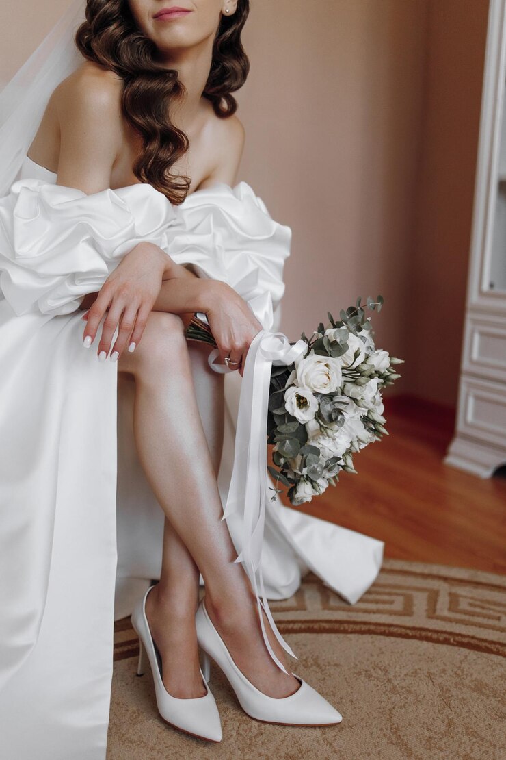 Photo la mariée dans une robe de mariée avec un bouquet de fleurs dans ses mains est assise sur le canapé close-up des jambes nues de la mariée