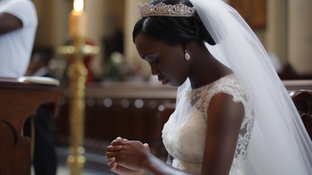 Une mariée dans sa robe de mariée prie dans une église