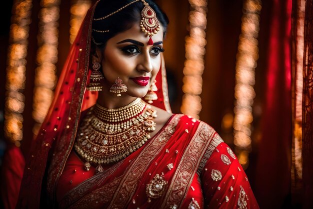 Une mariée dans un sari rouge traditionnel