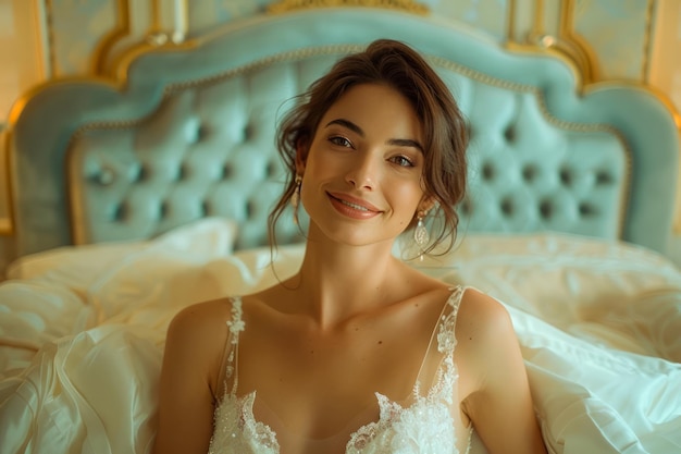 Une mariée élégante en robe de mariée en dentelle souriant sereinement dans une chambre de luxe