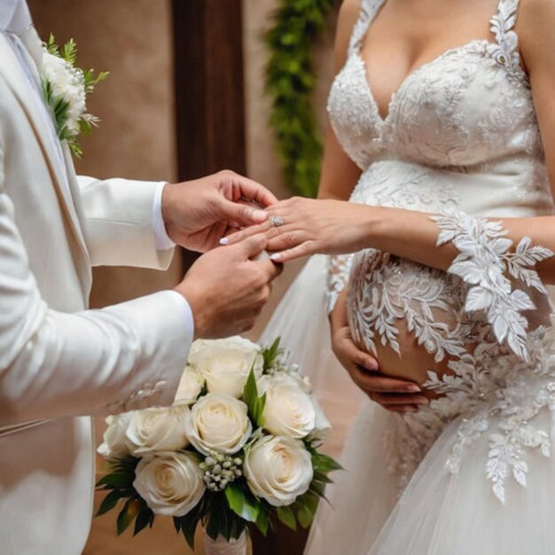 Une mariée enceinte tenant la main du marié.