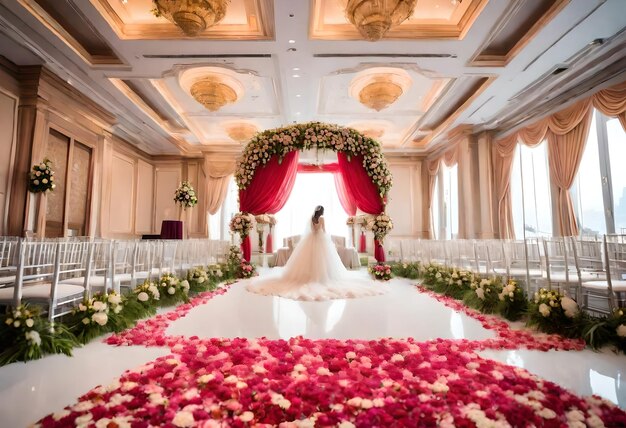 une mariée est debout dans une pièce avec des fleurs et un grand bouquet de fleurs