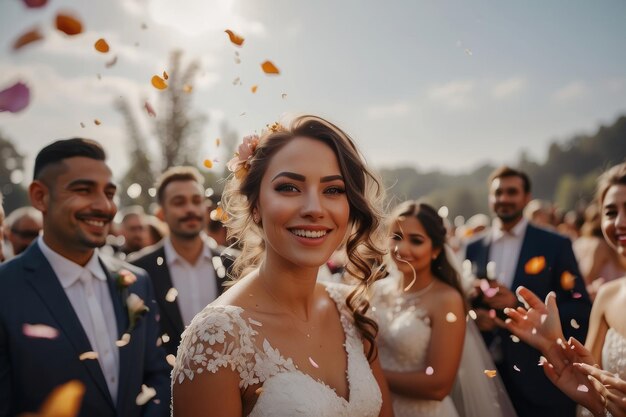 Une mariée heureuse lors d'une cérémonie de mariage et des gens arrosant des pétales de fleurs