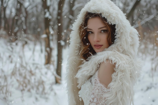 La mariée d'hiver captivante Un portrait d'une belle mariée dans un cadre rustique de forêt hivernale