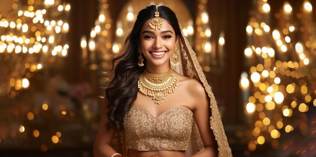 Une mariée indienne souriante portant une lahenga et des bijoux Une mariée Indienne portant une robe de mariée et des bijouteries