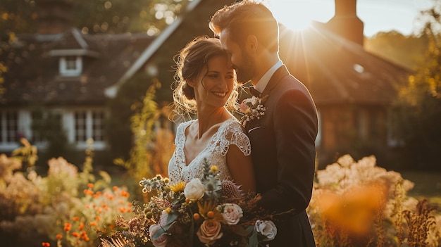 Photo la mariée et le marié au soleil.