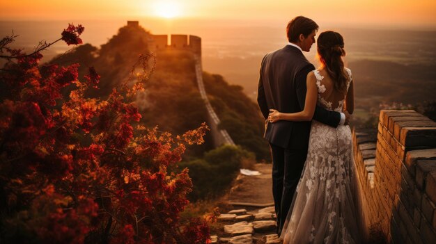 La mariée et le marié au sommet de la Grande Muraille de Chine sous les rayons du soleil couchant