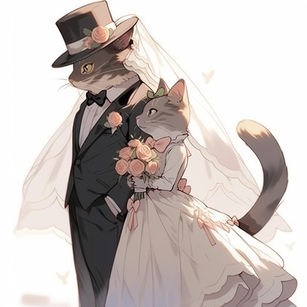 Mariée et le marié avec chat en robe de mariée et chapeau générative ai