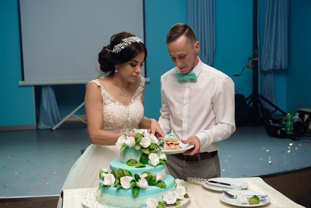 Une mariée et un marié coupe leur gâteau de mariage