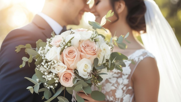 Photo mariée et marié couple de mariage avec un bouquet de roses claires et de fleurs de couleur blanche