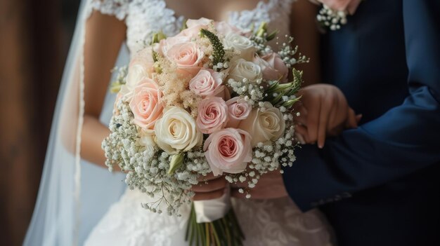 Photo mariée et marié couple de mariage avec un bouquet de roses claires et de fleurs de couleur blanche