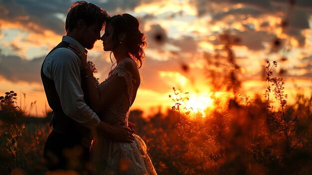 Photo une mariée et un marié dans un jardin de fleurs au coucher du soleil