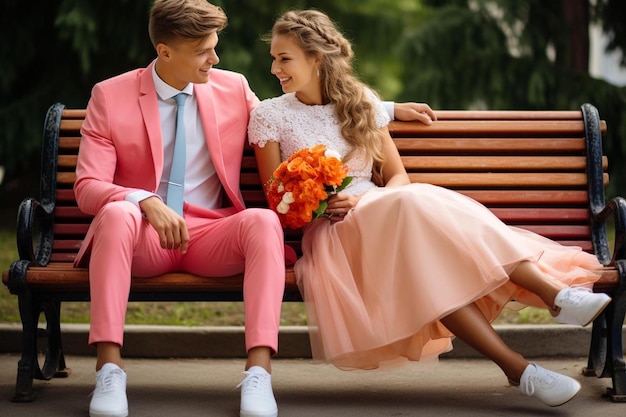 la mariée et le marié dans des vêtements brillants sur le banc