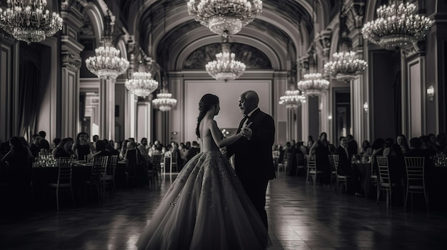 Une mariée et un marié dansent dans une salle de bal.