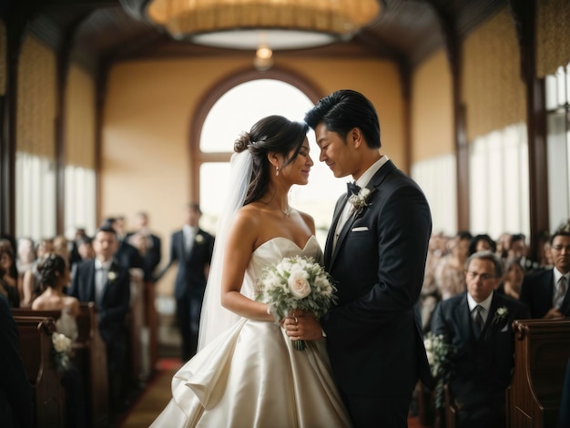 une mariée et un marié debout dans une église ensemble se regardant