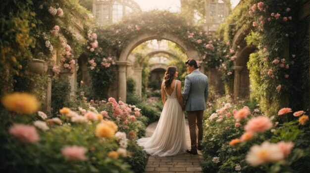 une mariée et un marié debout dans un jardin avec des roses et des arcades