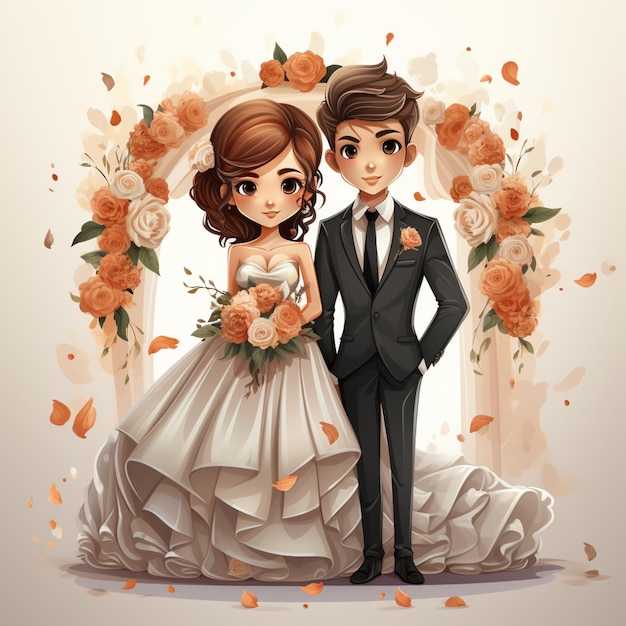 la mariée et le marié debout devant une arche florale générative ai