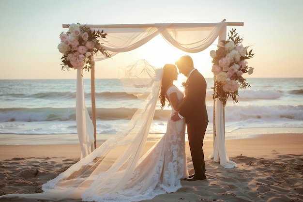 Une mariée et un marié debout sous une arche de mariage sur la plage