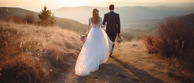 une mariée et un marié descendent une colline au coucher du soleil