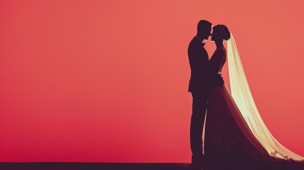 La mariée et le marié devant un fond rouge