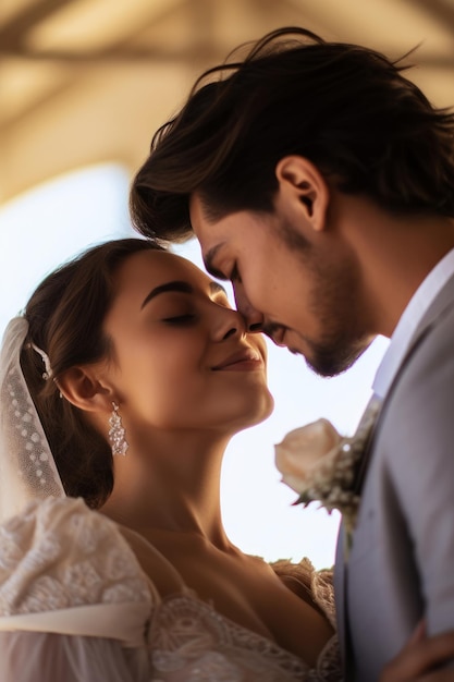 Mariée et marié devant une robe de mariée