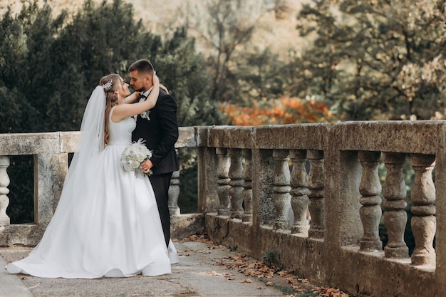 mariée et le marié sur fond de brouillard féerique dans la forêt.