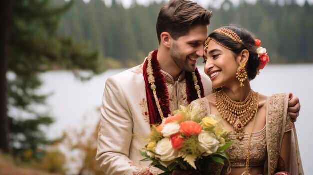 Une mariée et un marié indiens heureux après la cérémonie de mariage