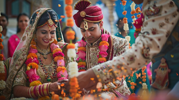 Une mariée et un marié indiens en tenue de mariage traditionnelle échangeant des guirlandes