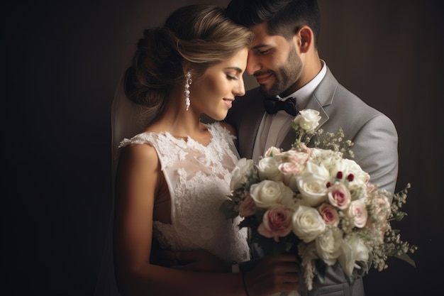 Une mariée et un marié joyeux se tiennent côte à côte souriants alors qu'ils posent pour leur photo de mariage La mariée et le marié tenant le bouquet généré par l'IA