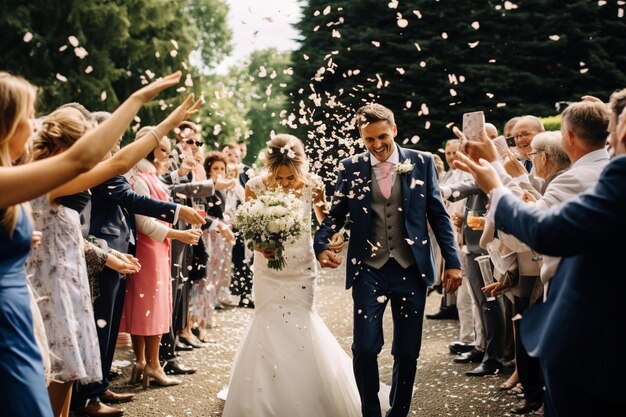 Photo une mariée et un marié marchant sur un chemin entouré de confettis