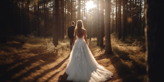 Mariée et marié marchant dans les bois