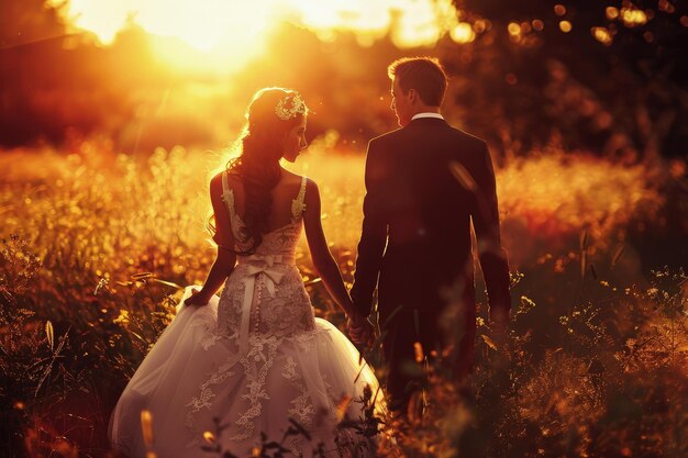 Photo une mariée et un marié marchent dans un champ au coucher du soleil.