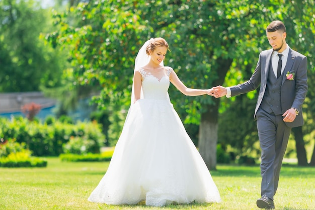 La mariée et le marié marchent dans un champ près de la forêt La femme dirige l'homme par la main Concept de célébration du jour du mariage heureux