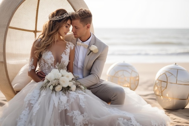 Mariée et marié. Mariage moderne sur la plage.