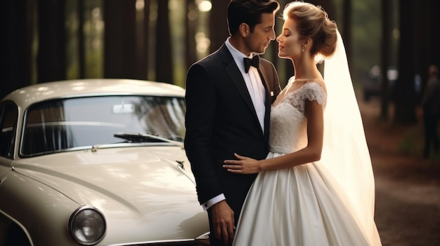 Photo la mariée et le marié posent devant la voiture