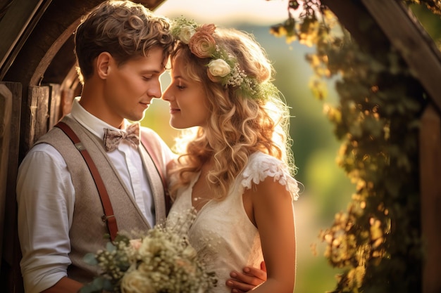 Une mariée et un marié posent pour une photo devant un arbre.