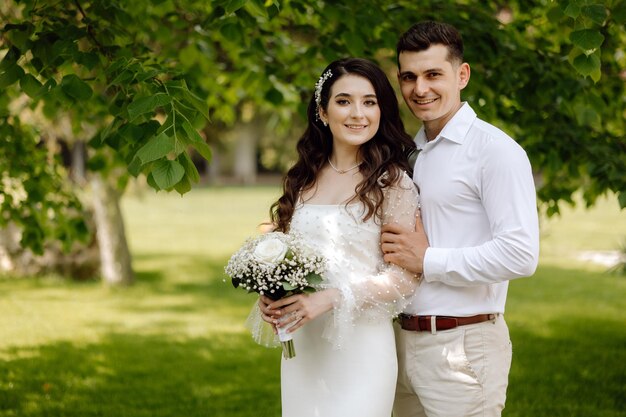 Une mariée et un marié posent pour une photo devant des arbres.