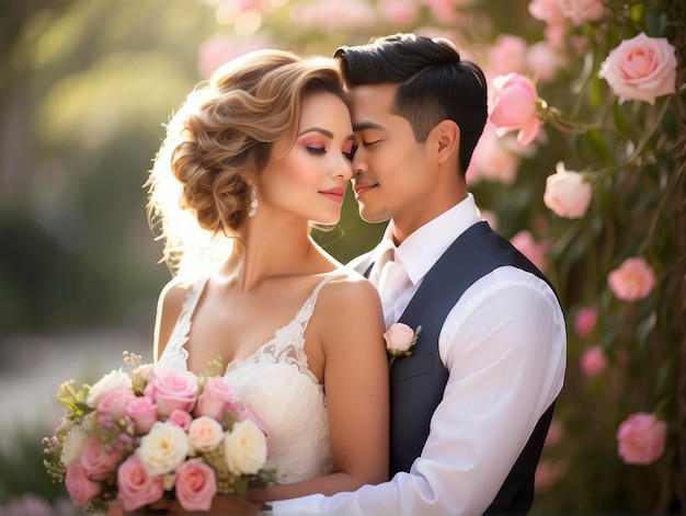 une mariée et un marié posent pour une photo devant un buisson de roses