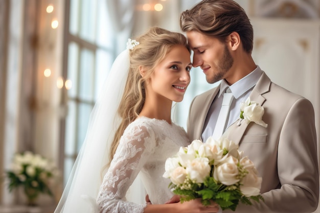 Une mariée et un marié posent pour une photo devant une fenêtre avec des lumières derrière eux.