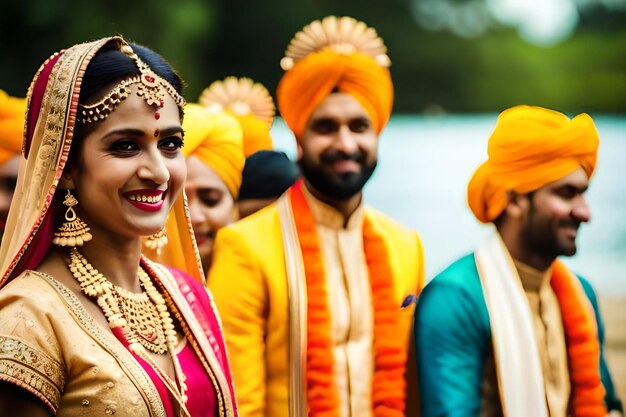 une mariée et un marié posent pour une photo avec leurs visages couverts de saris colorés