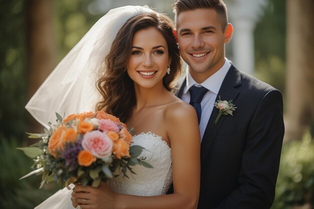 une mariée et un marié posent pour une photo