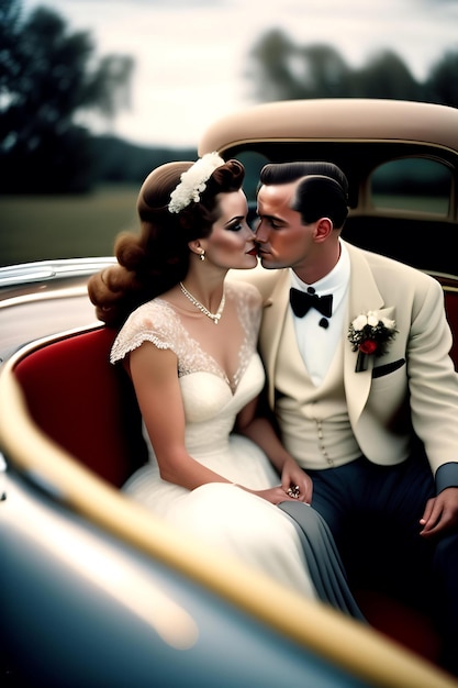 Mariée et marié rétro vintage en voiture Modèle automobile baiser dans les années 1950