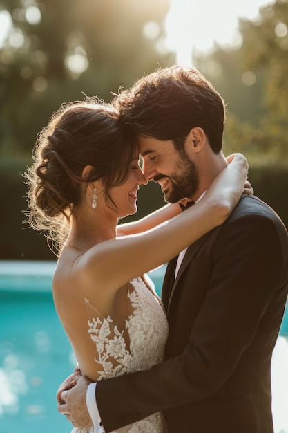 une mariée et un marié s'embrassant devant une piscine