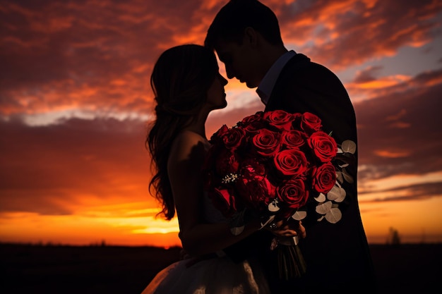 La mariée et le marié s'embrassent derrière un rideau de fleurs accrochées.