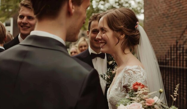 Photo une mariée et un marié se sourient l'un à l'autre.