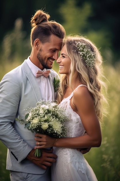 Une mariée et un marié se sourient dans un champ de fleurs.