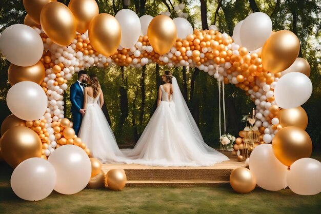 Une mariée et un marié se tiennent devant une arche bohème chic avec des ballons et un fond d'arbres.