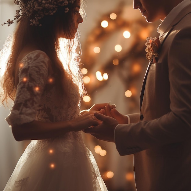 une mariée et un marié se tiennent la main devant un arbre de Noël.