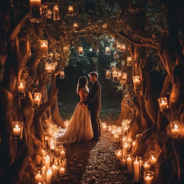 La mariée et le marié se tiennent sous un tunnel de lumières.