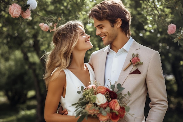 La mariée et le marié tenant le bouquet alors qu'ils se tiennent dans un champ de fleurs sauvages